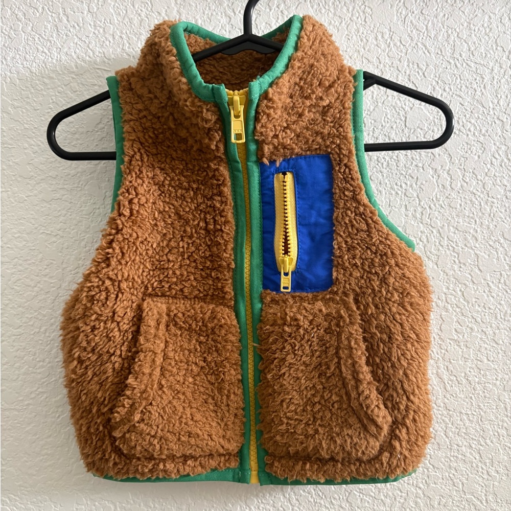 Tucker + Tate Brown Sherpa Vest with Blue Pocket and Green Trim